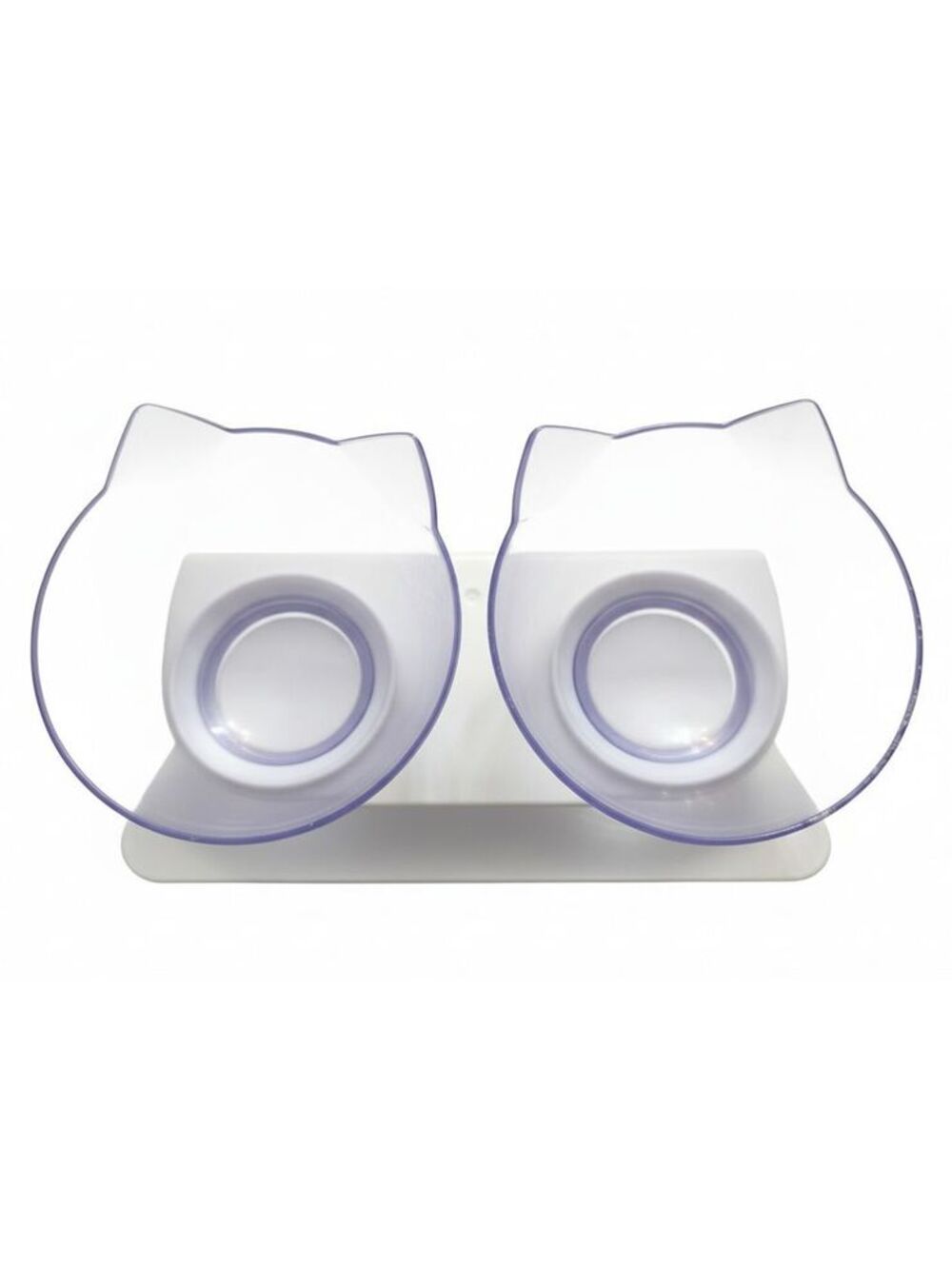 Cat Ear Shaped Double Bowl Pet Feeder with Raised Stand Translucent Clear White